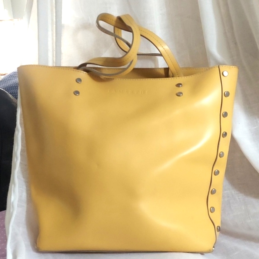 Lamarthe Paris Yellow Silver Studded Leather Shoulder Tote Bag
